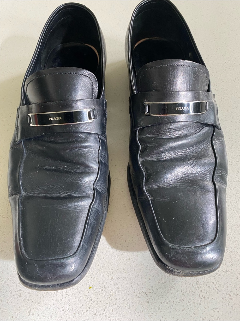Prada Men's Black Leather Slip-On Loafers- 10.5
